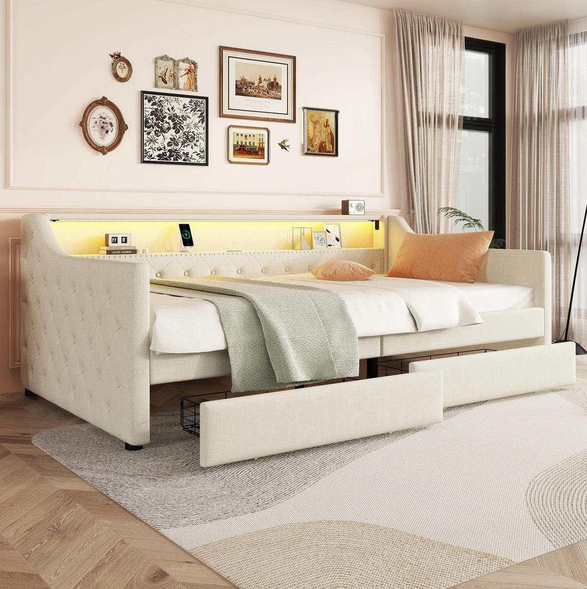 POLSTERBETT aus Leinen 90x200 cm in Beige mit LED-Beleuchtung & USB-Ladebuchse - Beige, Textil (90/200cm) - Modfu