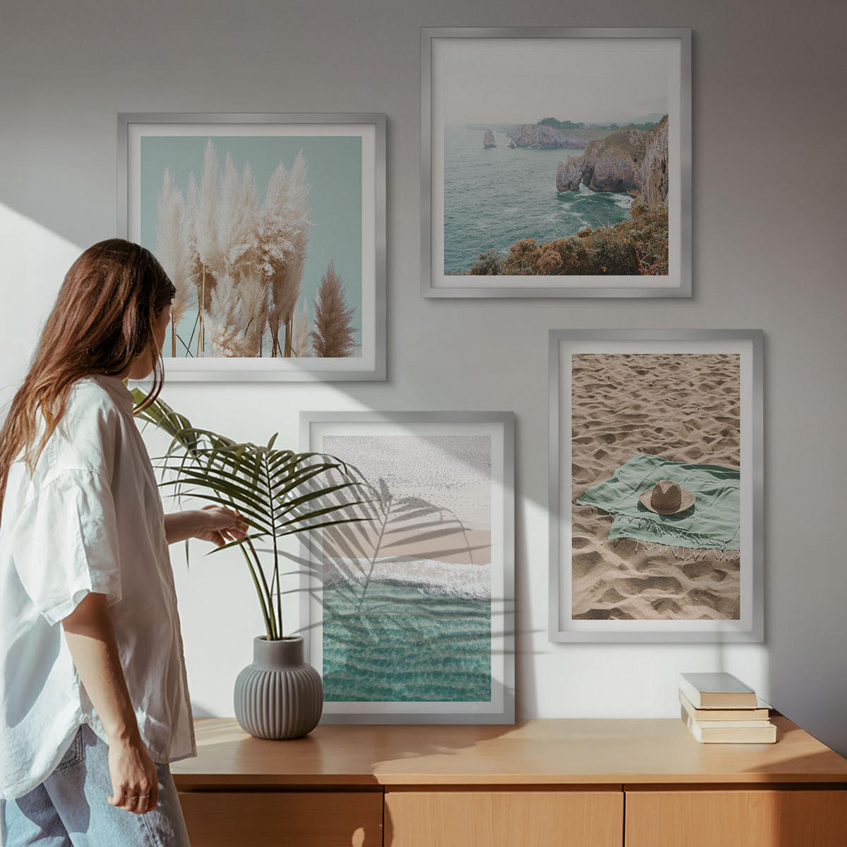 BILDER SET 4er Set - 50x50 cm & 40x60 cm Silberner Rahmen - Strandwellen Grashut - Silberfarben, Kunststoff (50/50cm) - TULUP