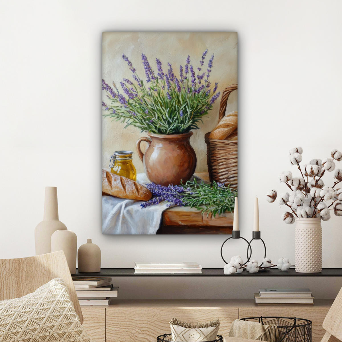 LEINWANDBILD Lavendel - Brot - Stilleben 60x90 cm - Flieder, Textil (60/90cm) - MuchoWow