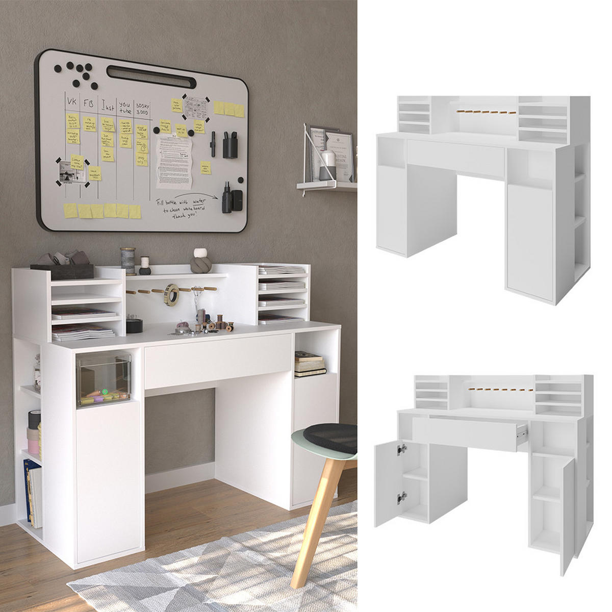 SCHREIBTISCH Weiß 126.8 x 50 cm XL mit Regale - Weiß, Holzwerkstoff (50/126.8/100cm) - Vicco