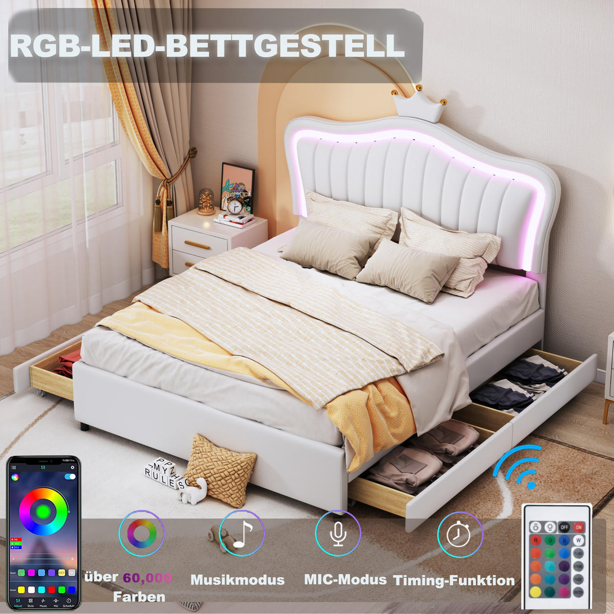 KINDERBETT 140x200 cm Weiß PU Leder Stauraum LED Lattenrost - Weiß, Holzwerkstoff - FLIEKS