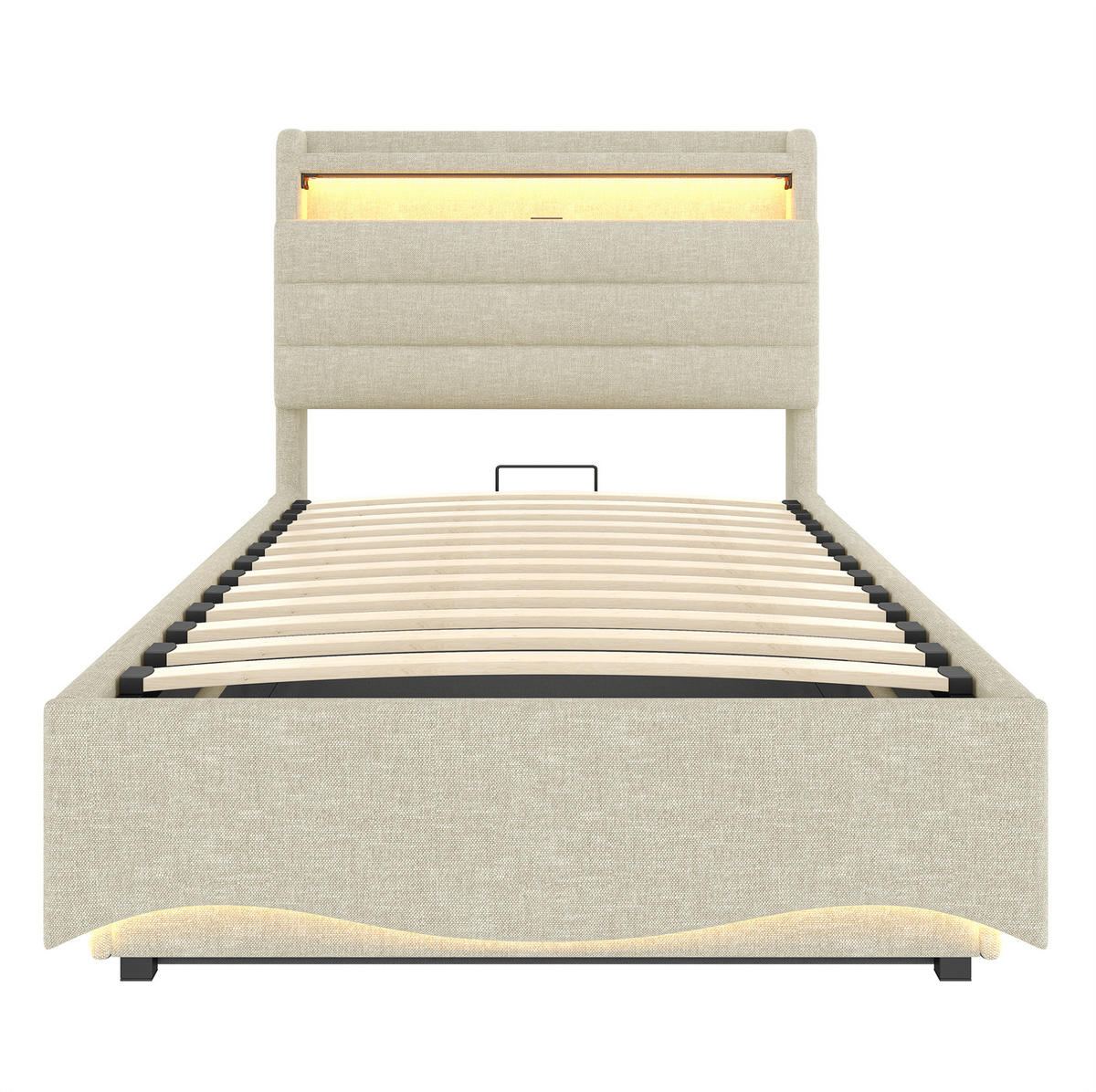 POLSTERBETT 90/200 cm mit LED-Beleuchtung, USB- und Typ-C-Anschluss, hydraulischem Bettkasten und Ablagefach, Beige - Beige, Textil (90/200cm) - Redom