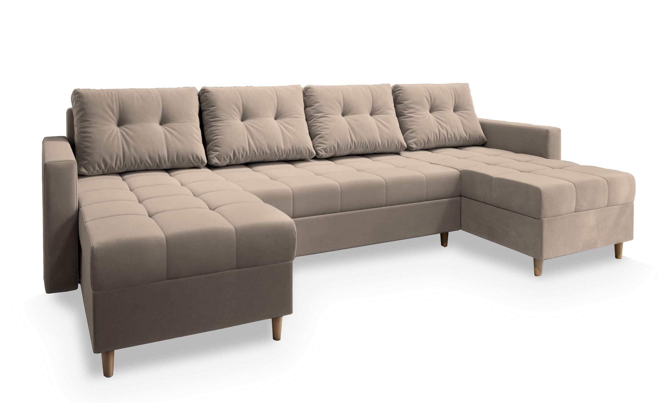 WOHNLANDSCHAFT MILO U Beige Plüsch-Stoff mit Schlaffunktion - Beige, Holz (285/91/140cm) - MASSENO