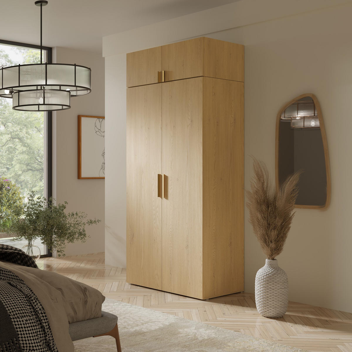 DREHTÜRENSCHRANK mit Aufsatz Napoli 2D 100 Eiche Cremona (schwarzer oder goldener Griff) - Eichefarben/Silberfarben, Holzwerkstoff/Kunststoff (100/35/60cm) - mzm24