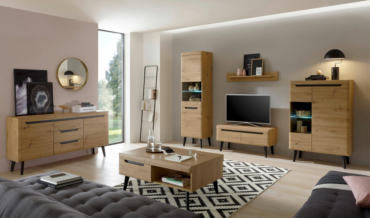 WOHNWAND Artisan Eiche schwarz, Wohnkombination 4-teilig skandinavisch, 361 x 170 cm - Schwarz/Eiche Artisan, Holz/Holzwerkstoff (361/170/40cm) - Furn.Design