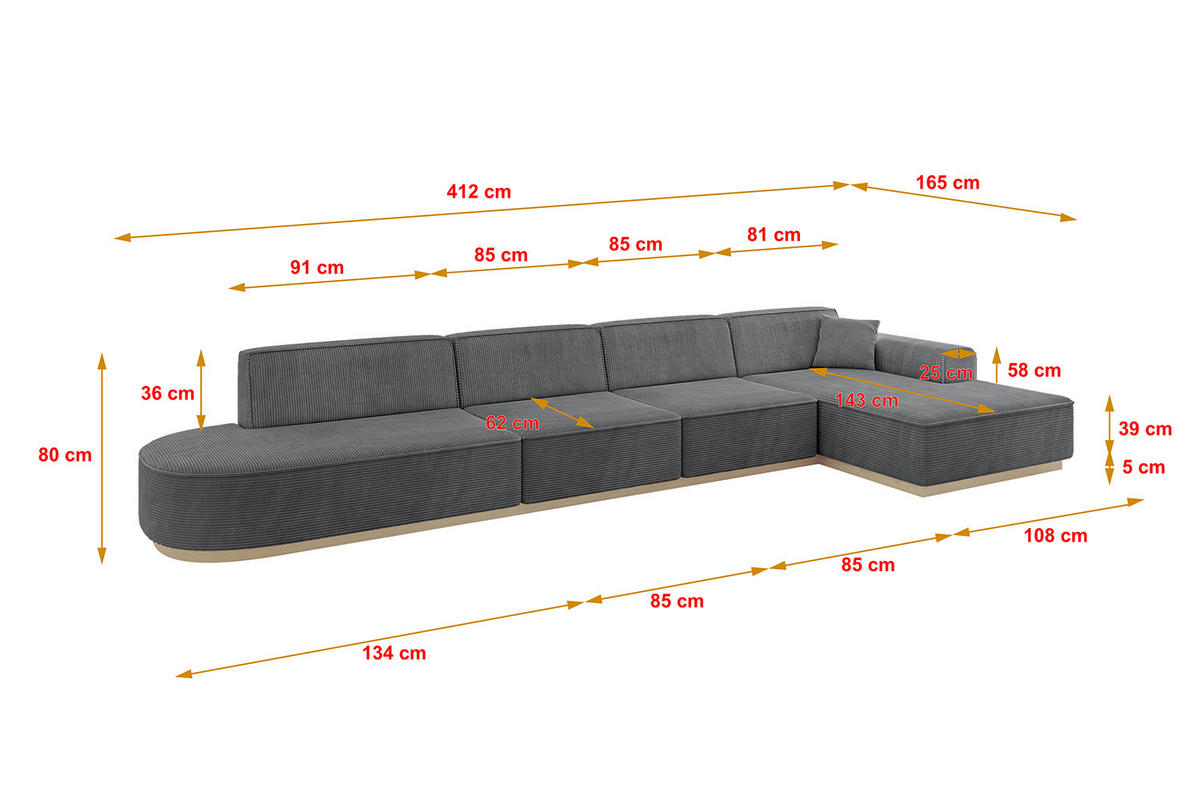 ECKSOFA Ottomane Rechts IREA-L3 - 412x165x80 cm Duneklgrau - Dunkelgrau, Holzwerkstoff/Textil (412/165cm) - ALTDECOR
