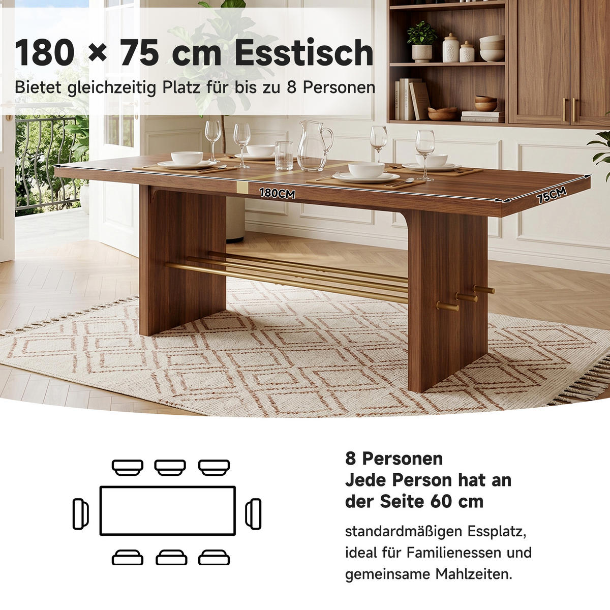 ESSTISCH 180cm Walnuss Gold Modern Design 4cm Tischplatte - Walnussfarben, Holzwerkstoff (75/180/75cm) - FLIEKS