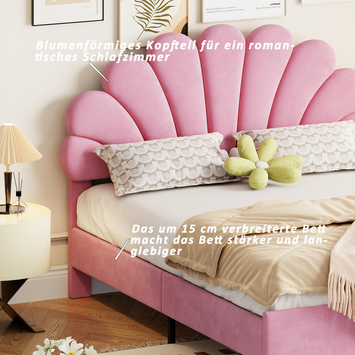 POLSTERBETT mit Blumen-Kopfteil 140x200 cm Samt Pink - Pink, Metall (140/200cm) - Meubliv
