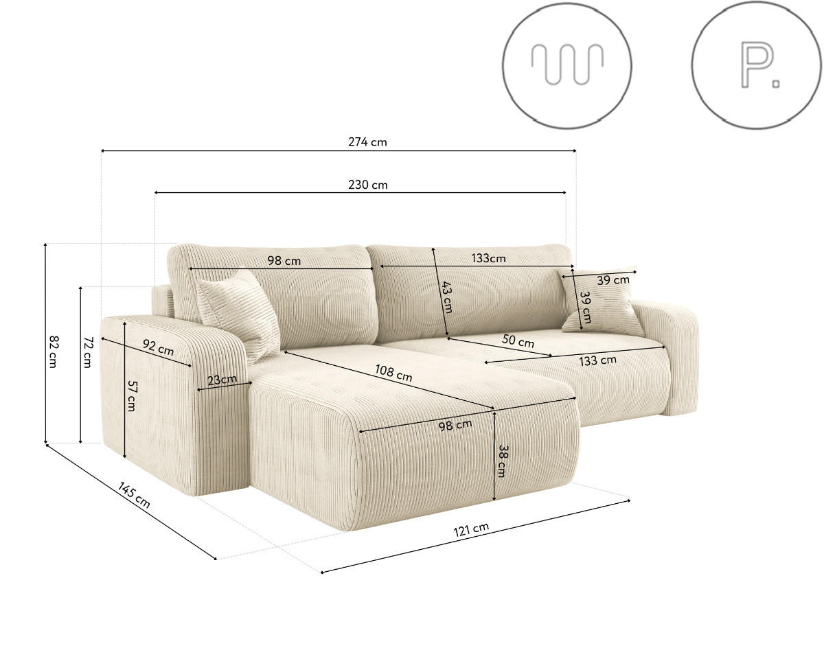 SCHLAFSOFA MILANO XL und bettkasten stoff Poso Dicker Cord Ecru Links - Ecru, Holz (274/82/145cm) - Kaiser Möbel