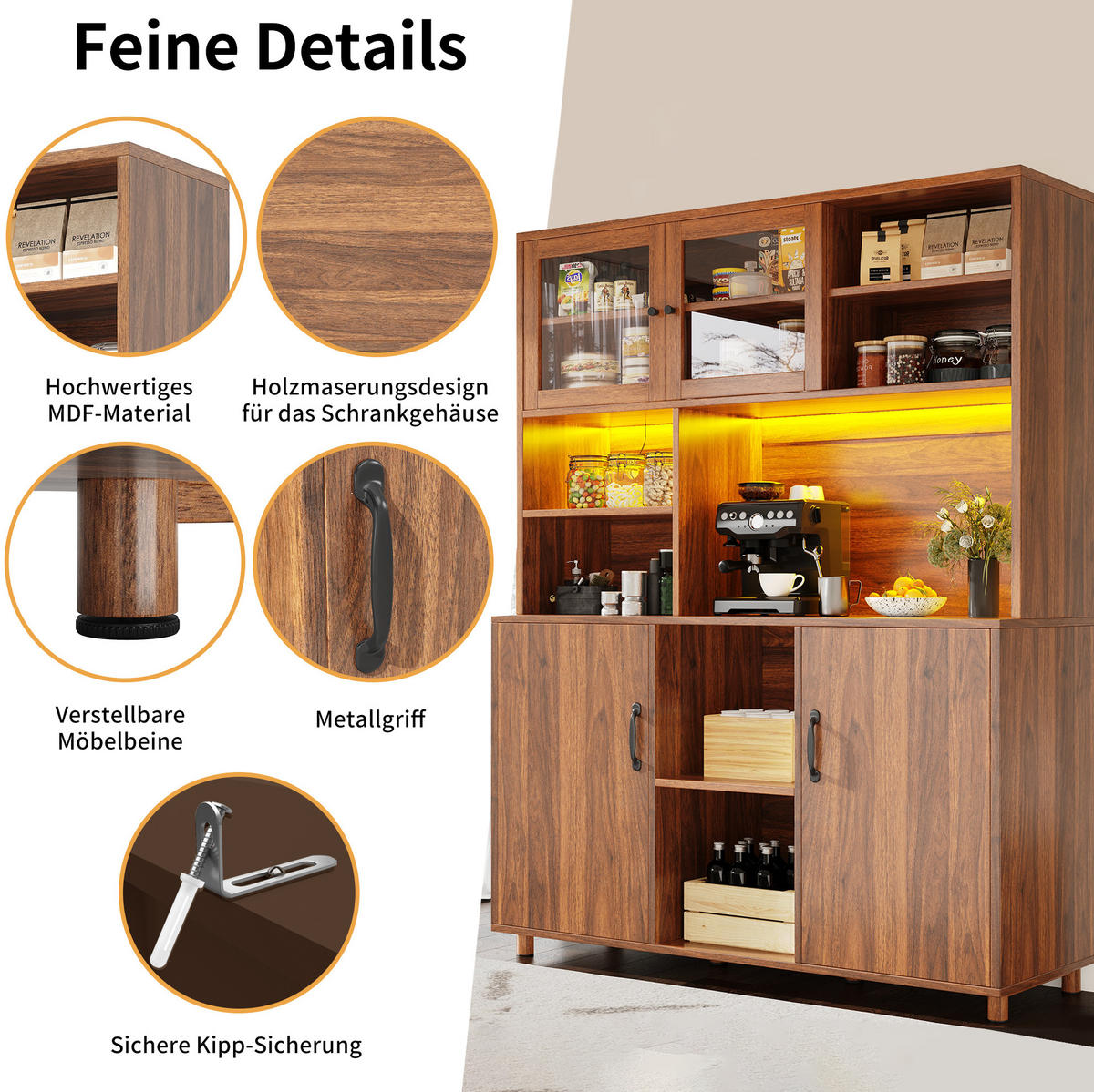 BUFFET aus MDF und Glas 140x40x185 cm Walnussbraun mit LED-Beleuchtung, USB-Anschluss und Schiebetüren - Braun, Glas (140/185/40cm) - Modfu