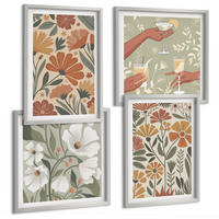 BILDER SET 4er Set - 50x50 cm & 40x60 cm Silberner Rahmen - Blumenmuster in Orange und Grün - Silberfarben, Kunststoff (50/50cm) - TULUP