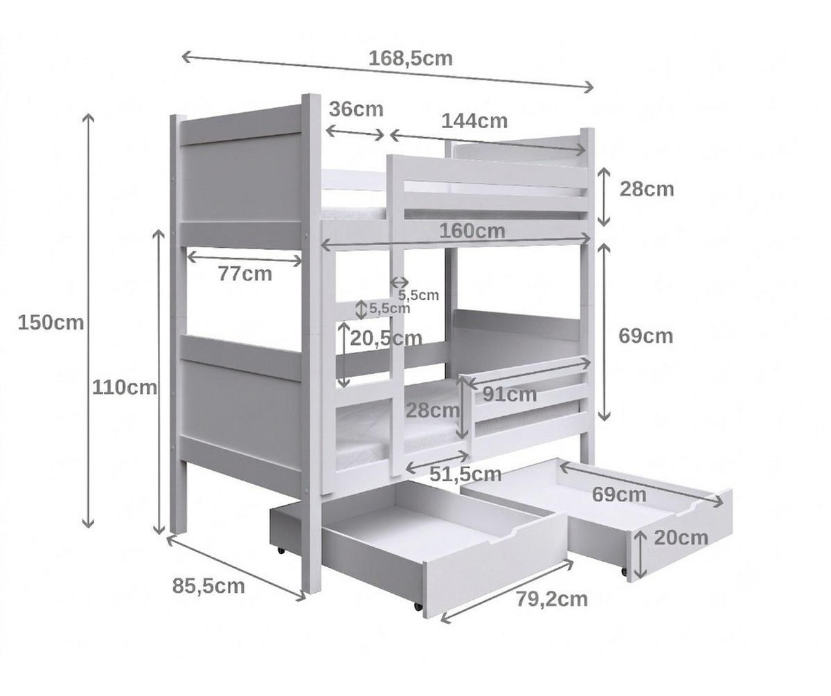 VYSOKÁ Postel MIA 80x160 s úložným prostorem, Bílá - bílá, dřevo (80/160cm) - MASSENO