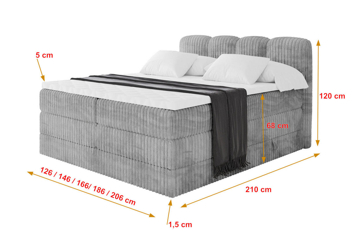 BOXBETT mit Matratze H3|H4 - NINA KING - 120x200 cm - Hellgrau - Hellgrau, Holzwerkstoff (120/200cm) - ALTDECOR