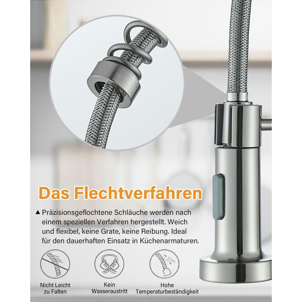 KÜCHENARMATUR mit ausziehbarem Schlauch, gebürstetes Nickel - Silberfarben, Metall (6/44/27cm)