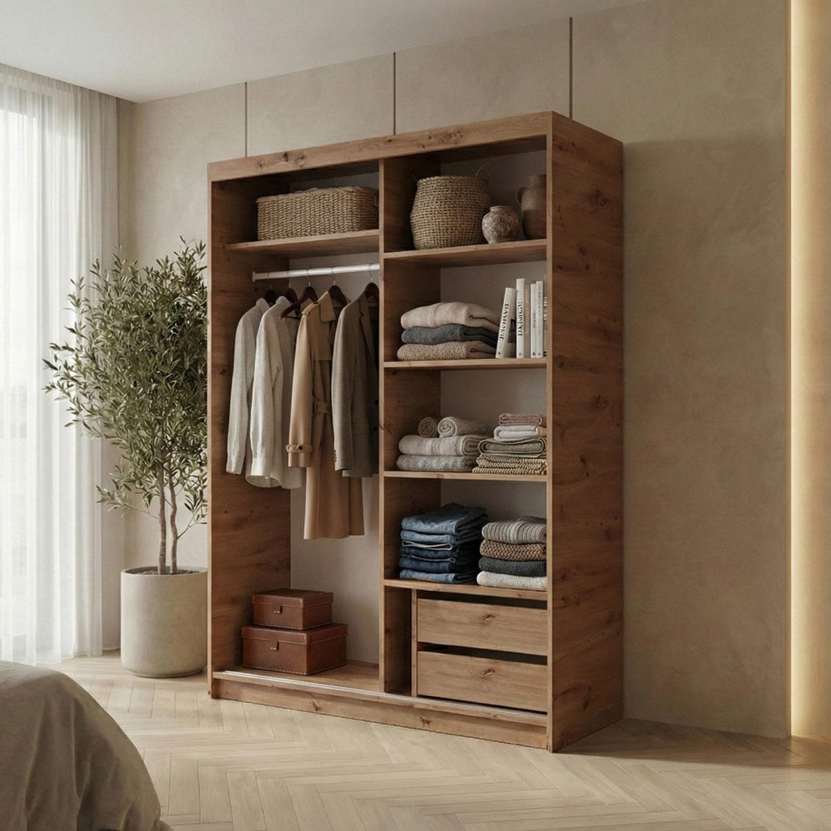 SCHWEBETÜRENSCHRANK Hela 120/205/60 2-türig eiche Artisan/schwarz mit Schubladen - Schwarz/Eiche Artisan, Holzwerkstoff (120/205/60cm) - Beautysofa