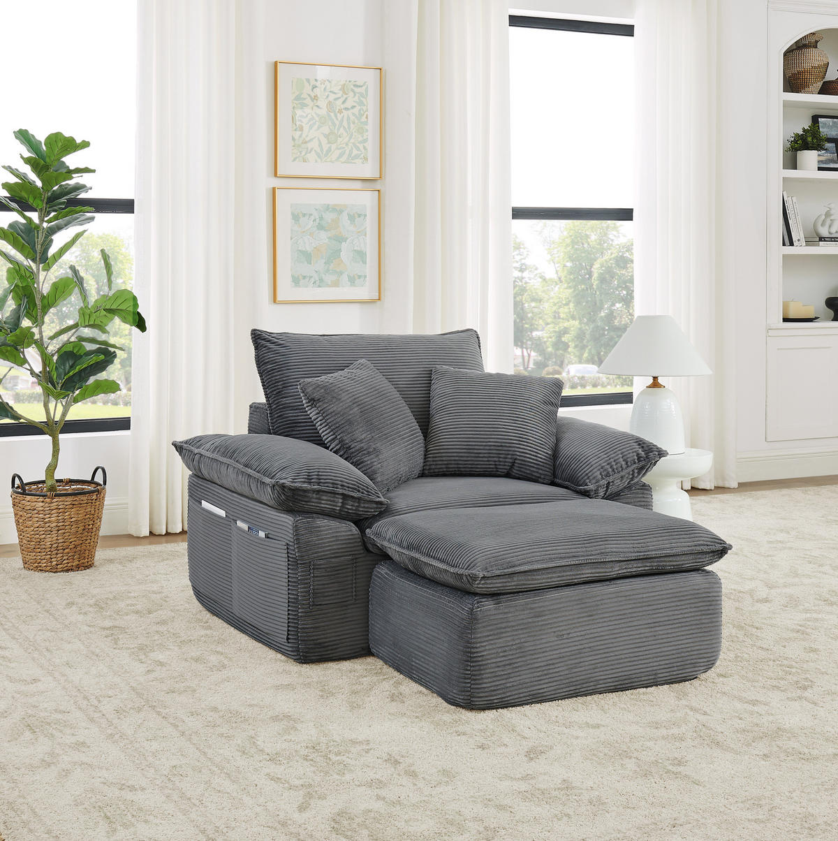 SESSEL aus Stoff mit modularem Hocker, Seitentaschen und weicher Polsterung, Hellgrau - Hellgrau, Textil (156/65/125cm) - Redom