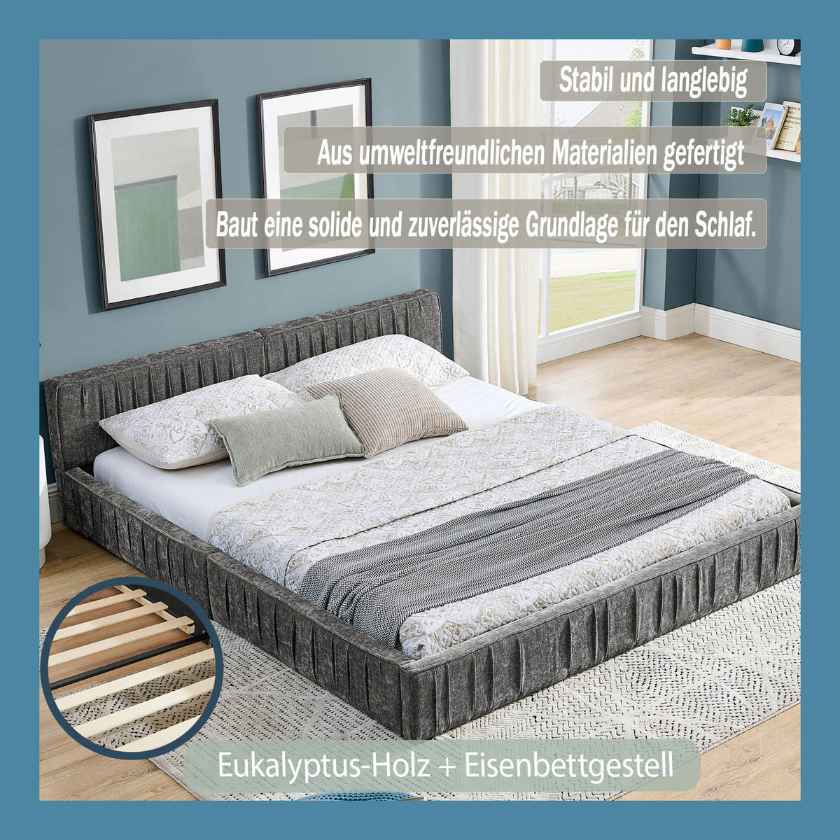POLSTERBETT 160x200 cm Chenille Holzrahmen grau - Dunkelgrau, Kunststoff (160/200cm) - LEBENLANG