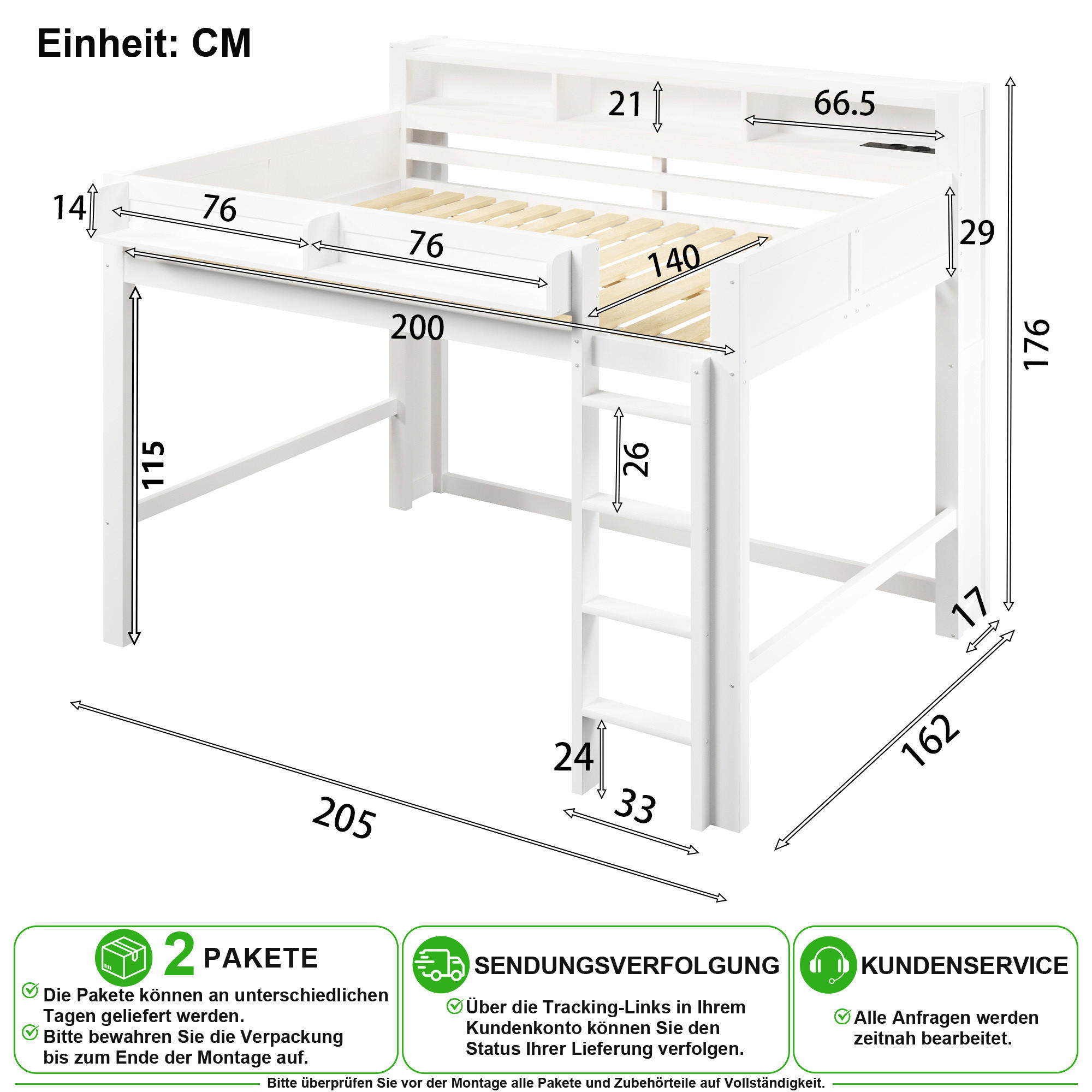 Chicfurn Hochbett Weiß 140x200 cm