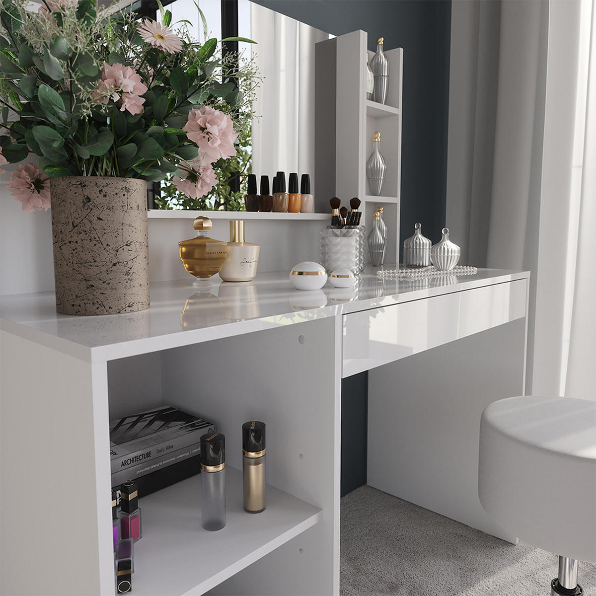 SCHMINKTISCH Sherry Weiß/Weiß Hochglanz 119.8 cm 5 Teile - Weiß Hochglanz, Holzwerkstoff (119.8/76/50.1cm) - Vicco