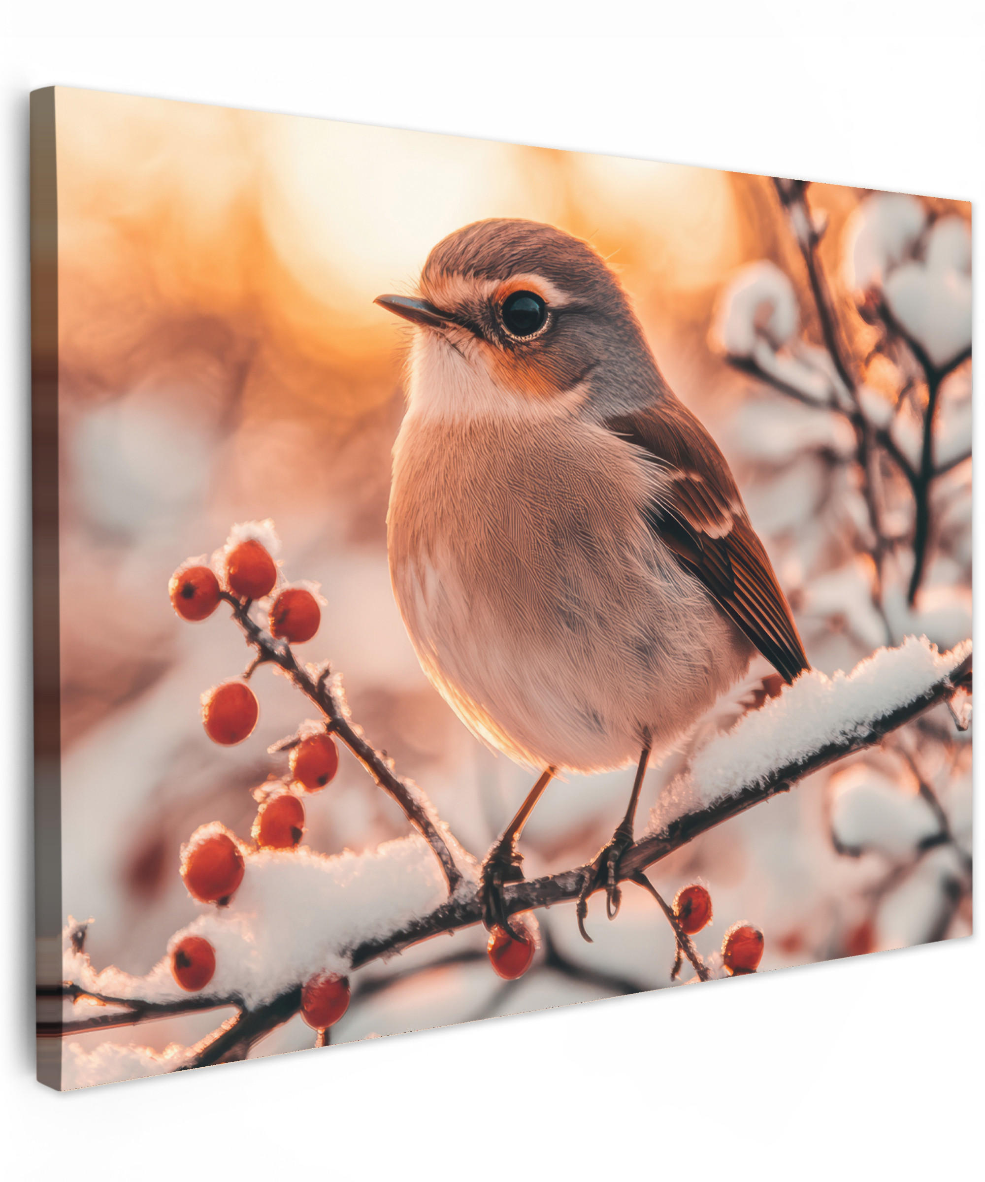 LEINWANDBILD Vogel - Zweig - Winter - Tiere - Schnee Wandbilder 80x60 cm - Bernsteinfarben, Textil (80/60cm) - MuchoWow
