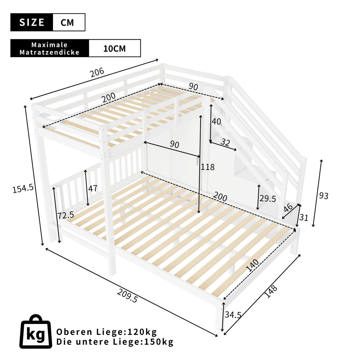 ETAGENBETT 90/200 cm + 140/200 cm in Weiß mit Kleiderschrank und Stauraumtreppe - Weiß, Holz (90/200cm) - Flora Grace