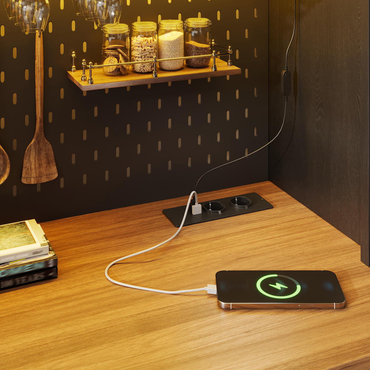 HIGHBOARD in Schwarz Mehrzweckschrank mit USB-Anschluss und LED B120/T40/H174.5cm, für Küche Esszimmer - Schwarz, Holzwerkstoff (120/174.5/40cm) - STILVORA