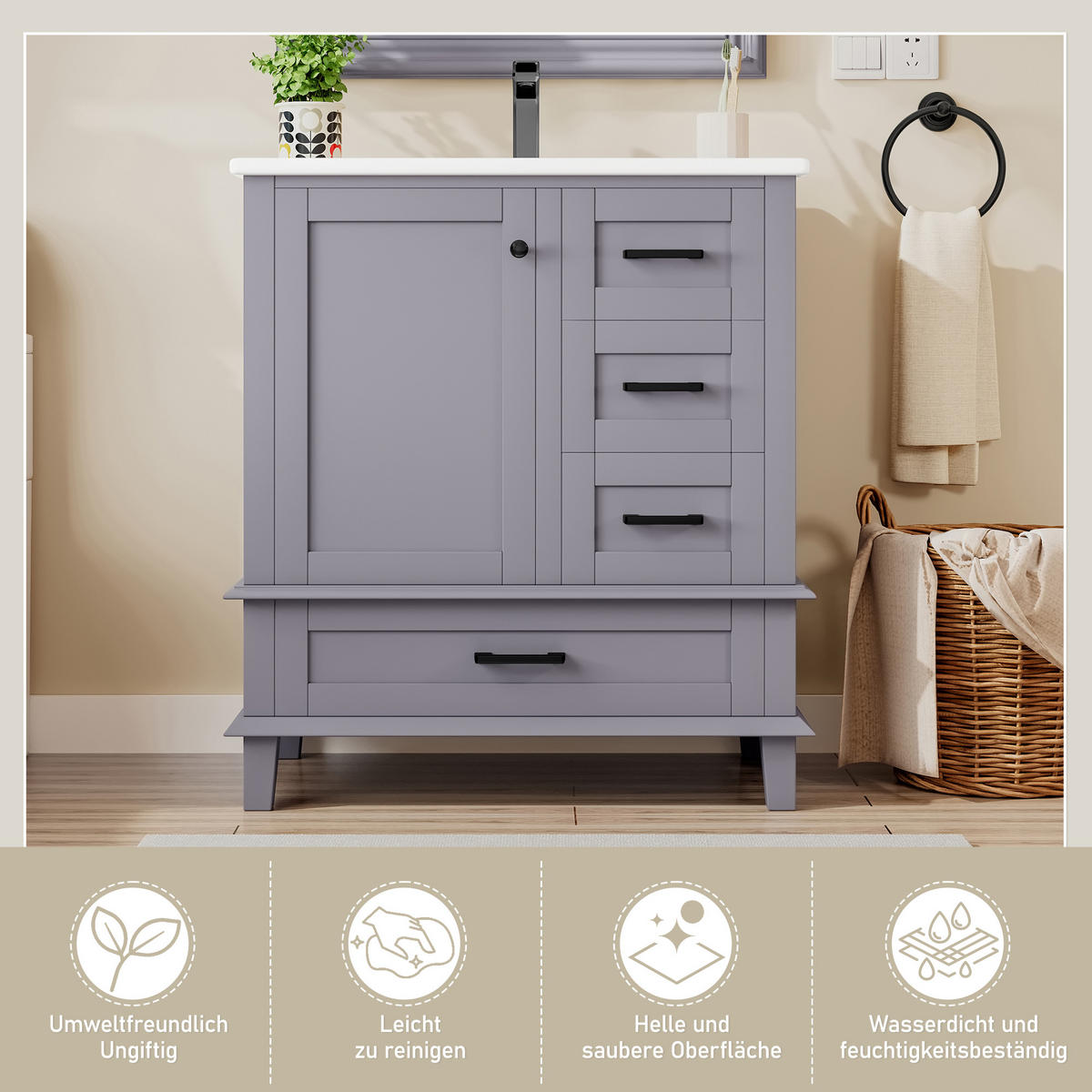 WASCHTISCHKOMBI Grau freistehend mit Keramikbecken & 3 Schubladen - Grau, Keramik/Holzwerkstoff (76/83.5/46cm) - Urban Meuble