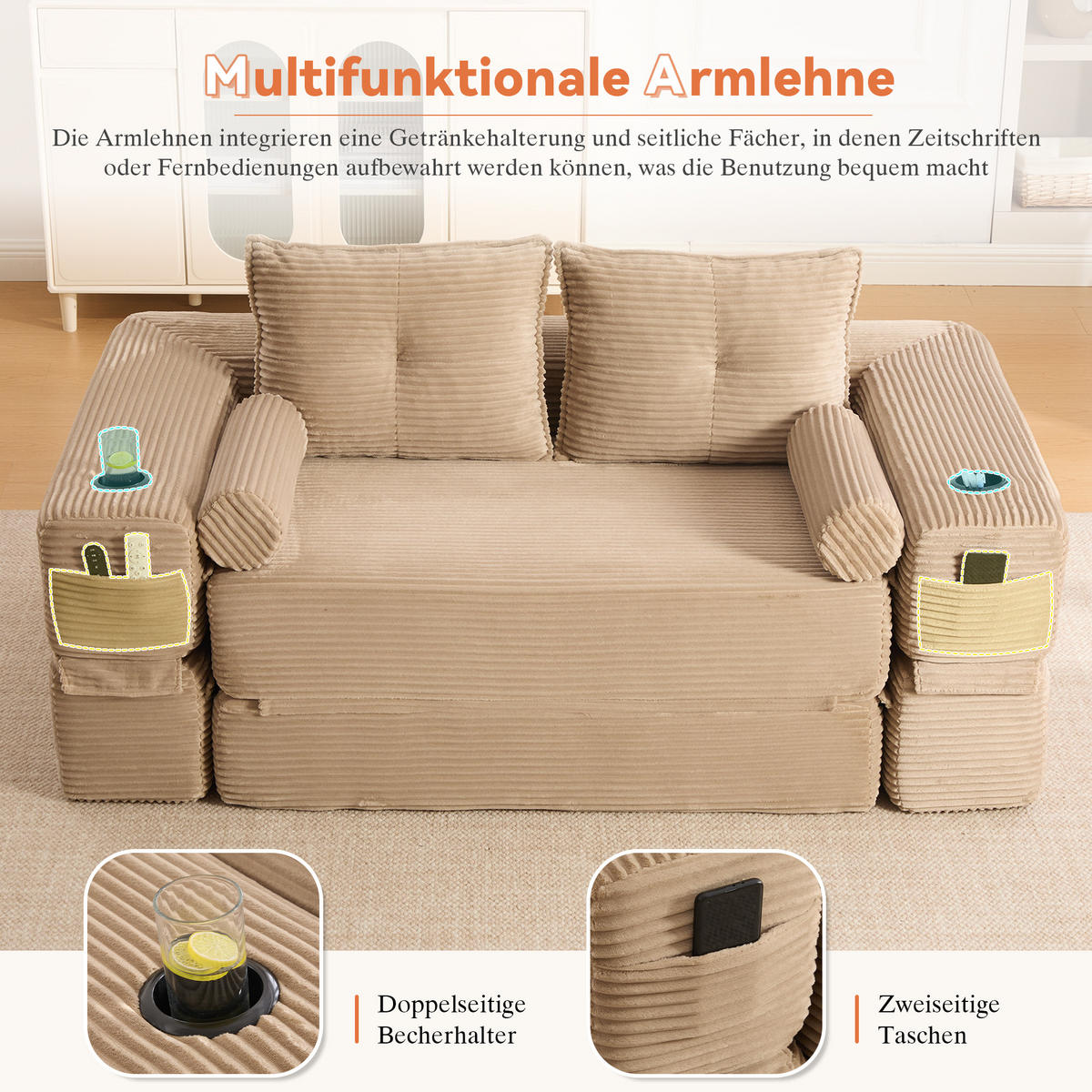 SCHLAFSOFA mit Schlaffunktion, Getränkehalter und Memory-Kissen aus Cord - Taupe, Textil (180/80/98cm) - EVRYAE