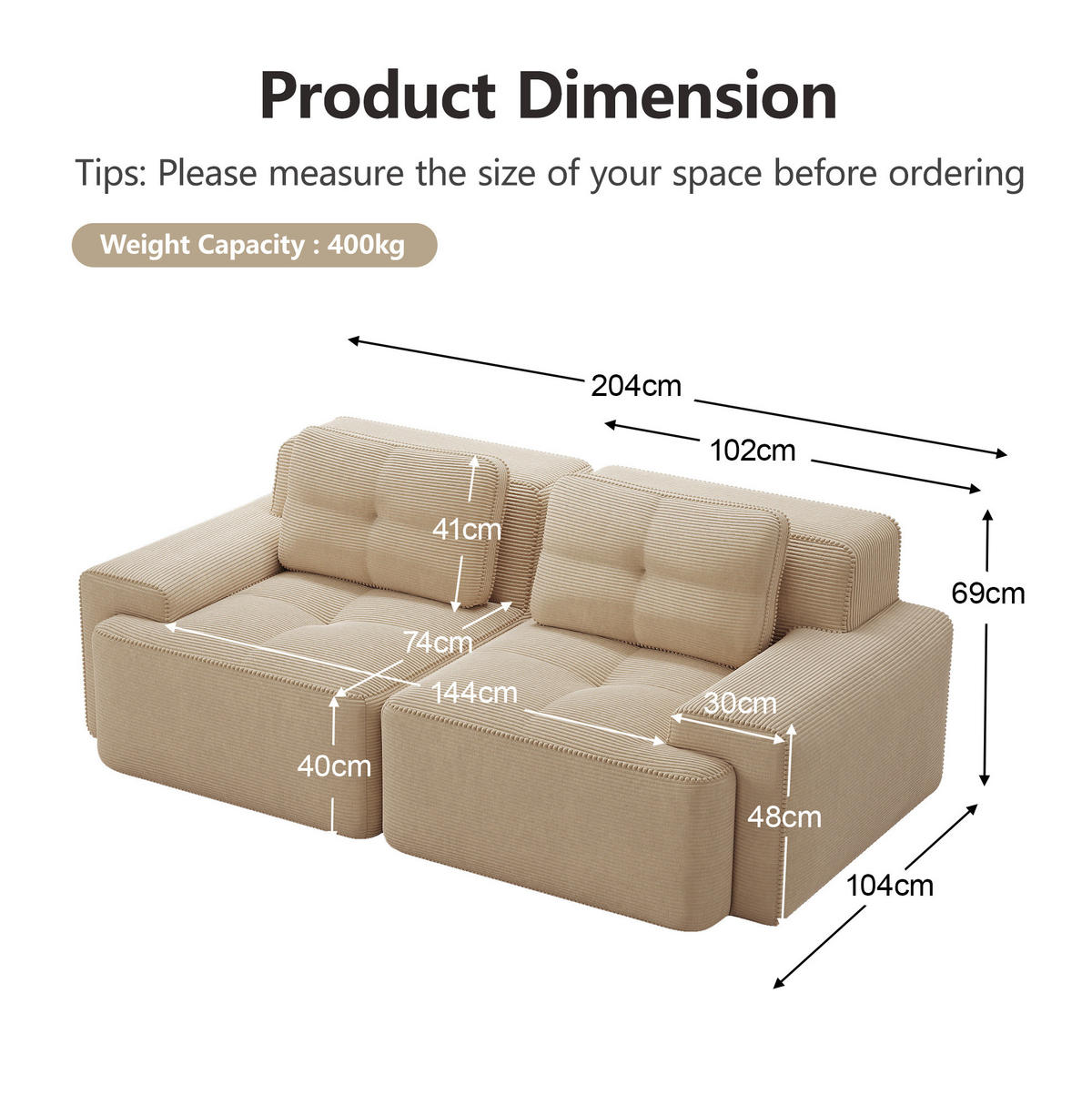 SOFA modular Cord Beige 2-tlg. - Beige, Kunststoff (104/69/204cm) - Meubliv