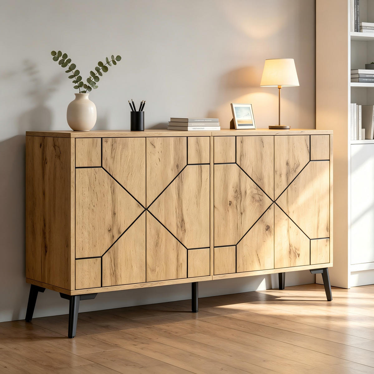 SIDEBOARD DE-37856 mit 4 Türen und Wellenmuster Holzfarbe - Naturfarben, Holzwerkstoff (120/69/35cm) - ComfortXL