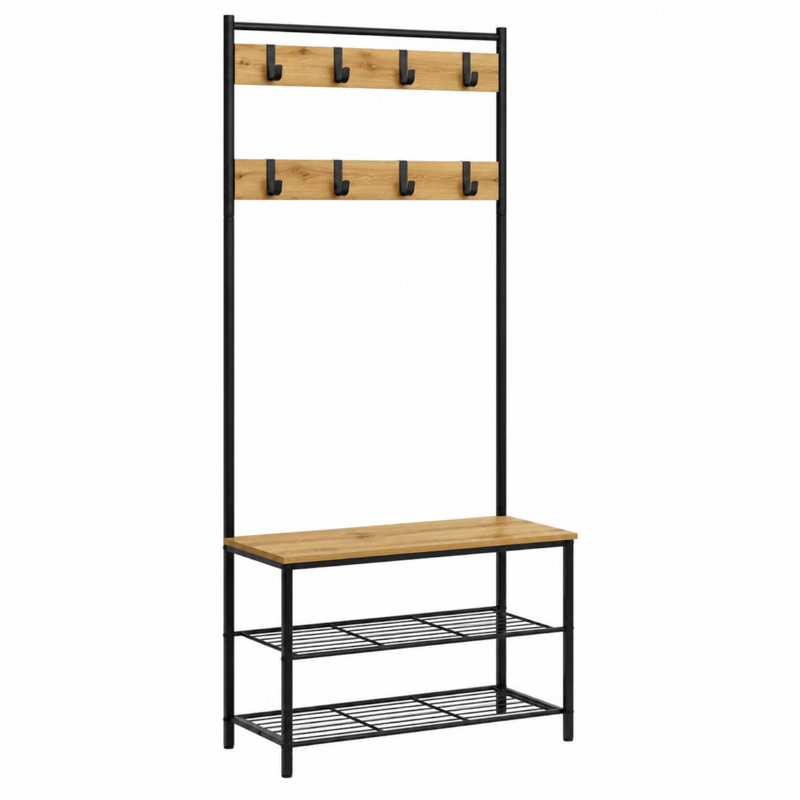 GARDEROBENSTÄNDER Eiche Schwarz 70x32x175 cm mit Sitzbank 8 Haken - Eichefarben/Schwarz, Holzwerkstoff/Metall (70/175/32cm) - Begryf