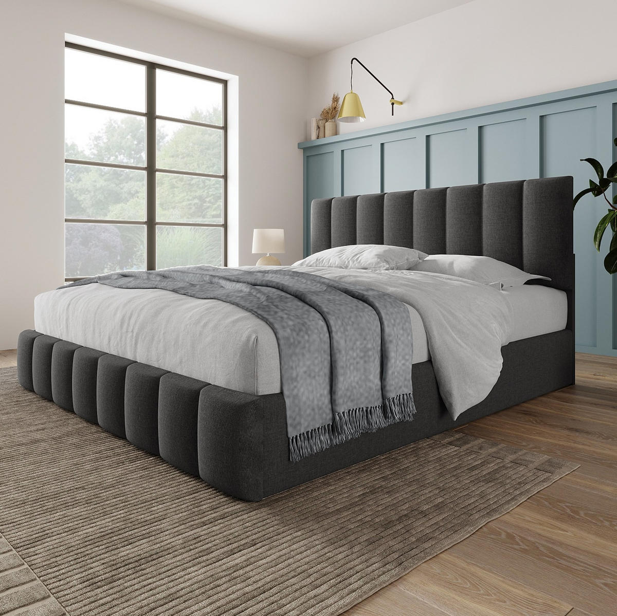 POLSTERBETT aus Leinen 140x200 cm Grau mit hydraulischem Bettkasten, verstellbarem Kopfteil und Matratze - Grau, Textil (140/200cm) - IVMEU