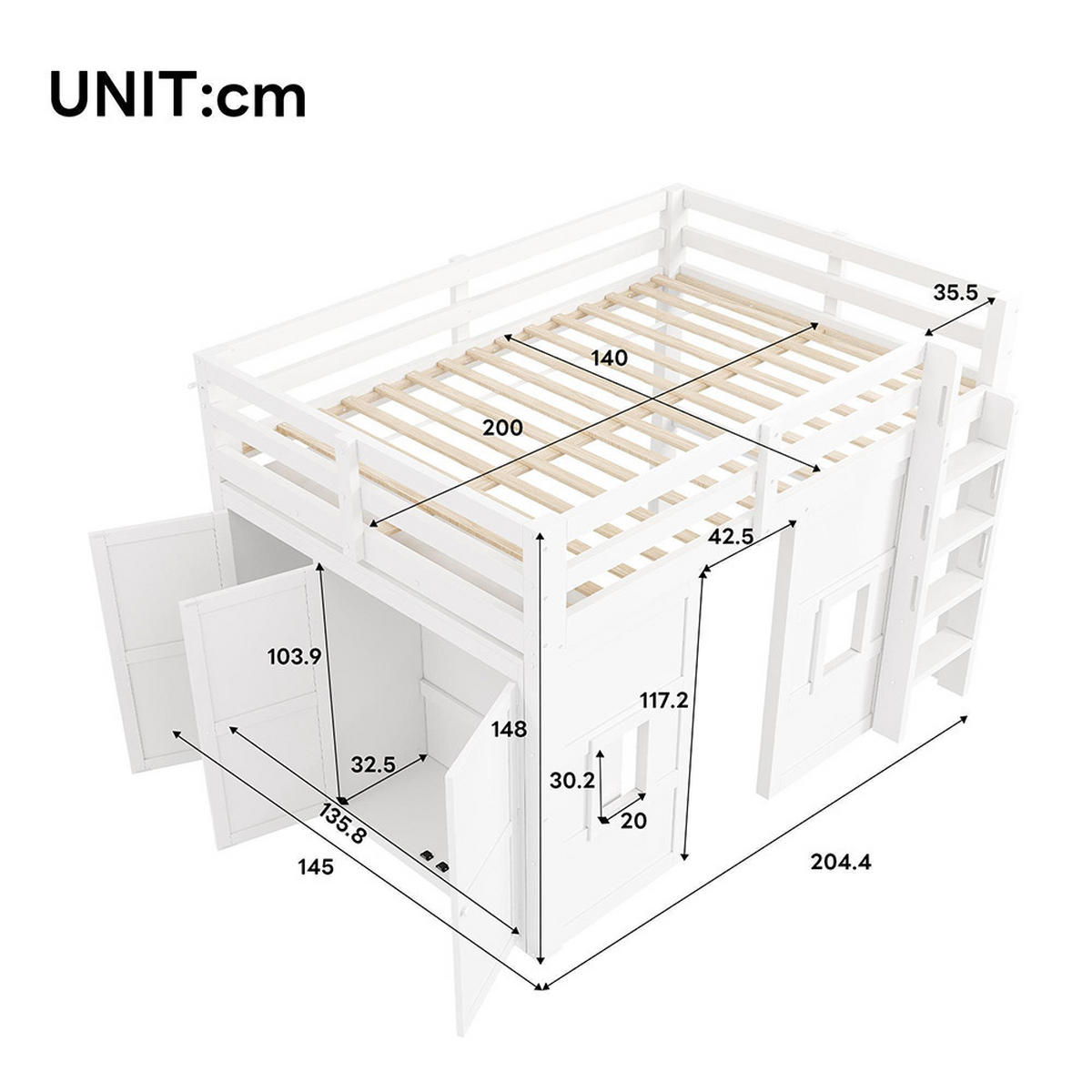 HOCHBETT 140 x 200 cm mit integriertem Kleiderschrank, weiß - Weiß, Holz (140/200cm) - KOMHTOM