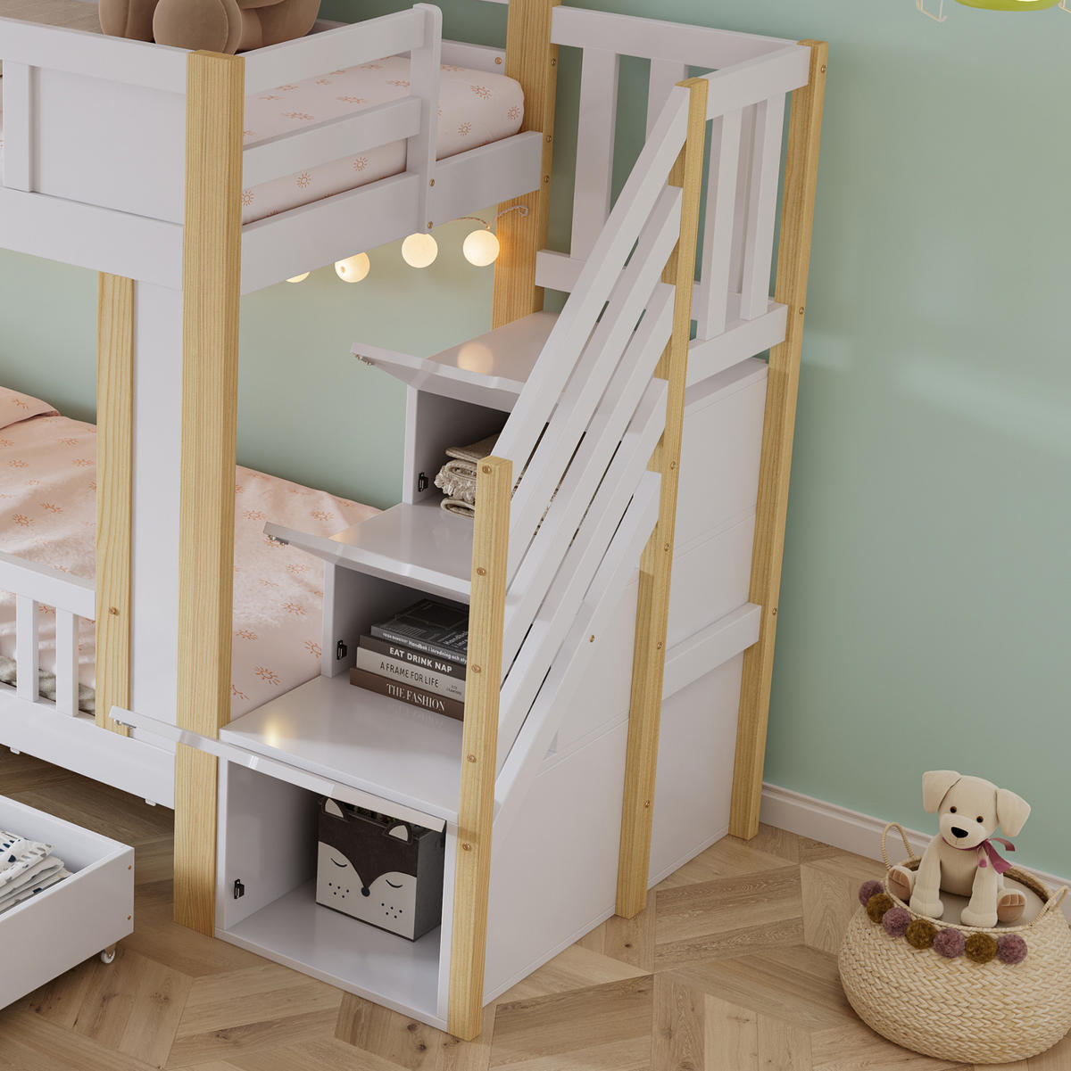 ETAGENBETT aus Kiefer und MDF 90x200 cm Weiß/Natur mit Stauraumtreppe, 3 Schubladen und Kritzeltafel - Weiß, Holzwerkstoff (90/200cm) - Modfu