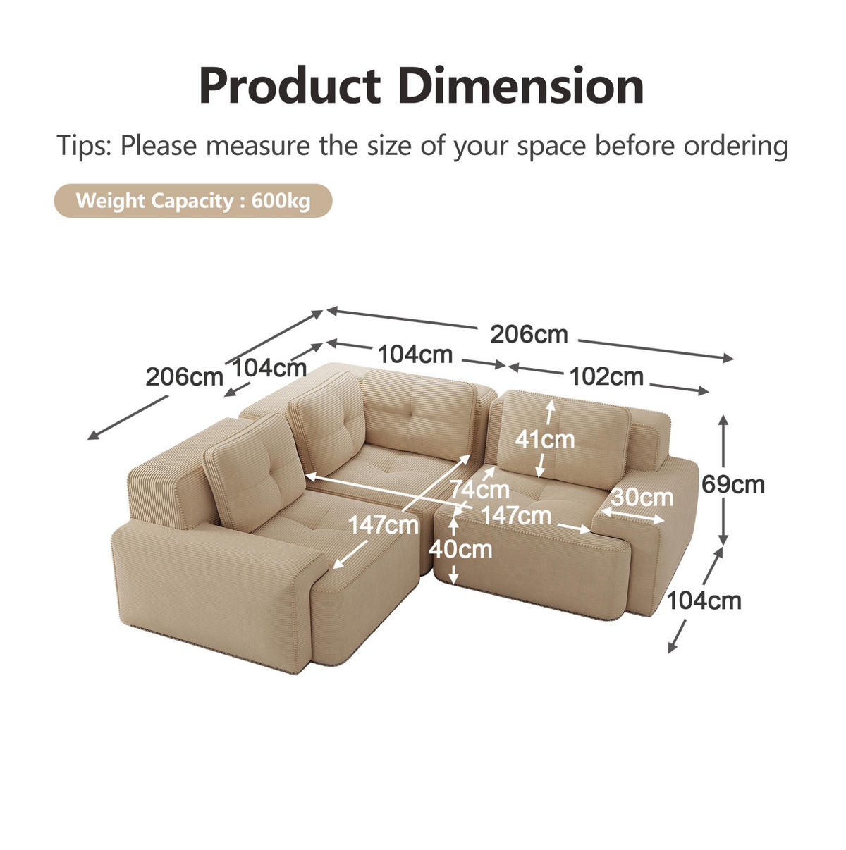 ECKSOFA aus Cord mit modularem Design Beige - Beige, Textil (104/177cm) - Modenvie