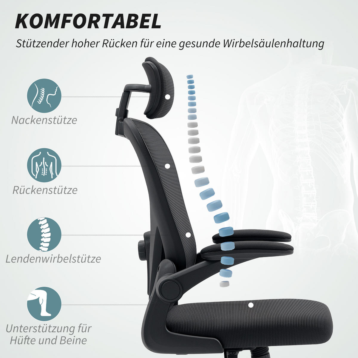 BÜROSTUHL Ergonomischer Schreibtischstuhl mit Hochklappbaren Armlehnen Schwarz - Schwarz, Kunststoff/Textil (58/125/63cm) - HOMCOM