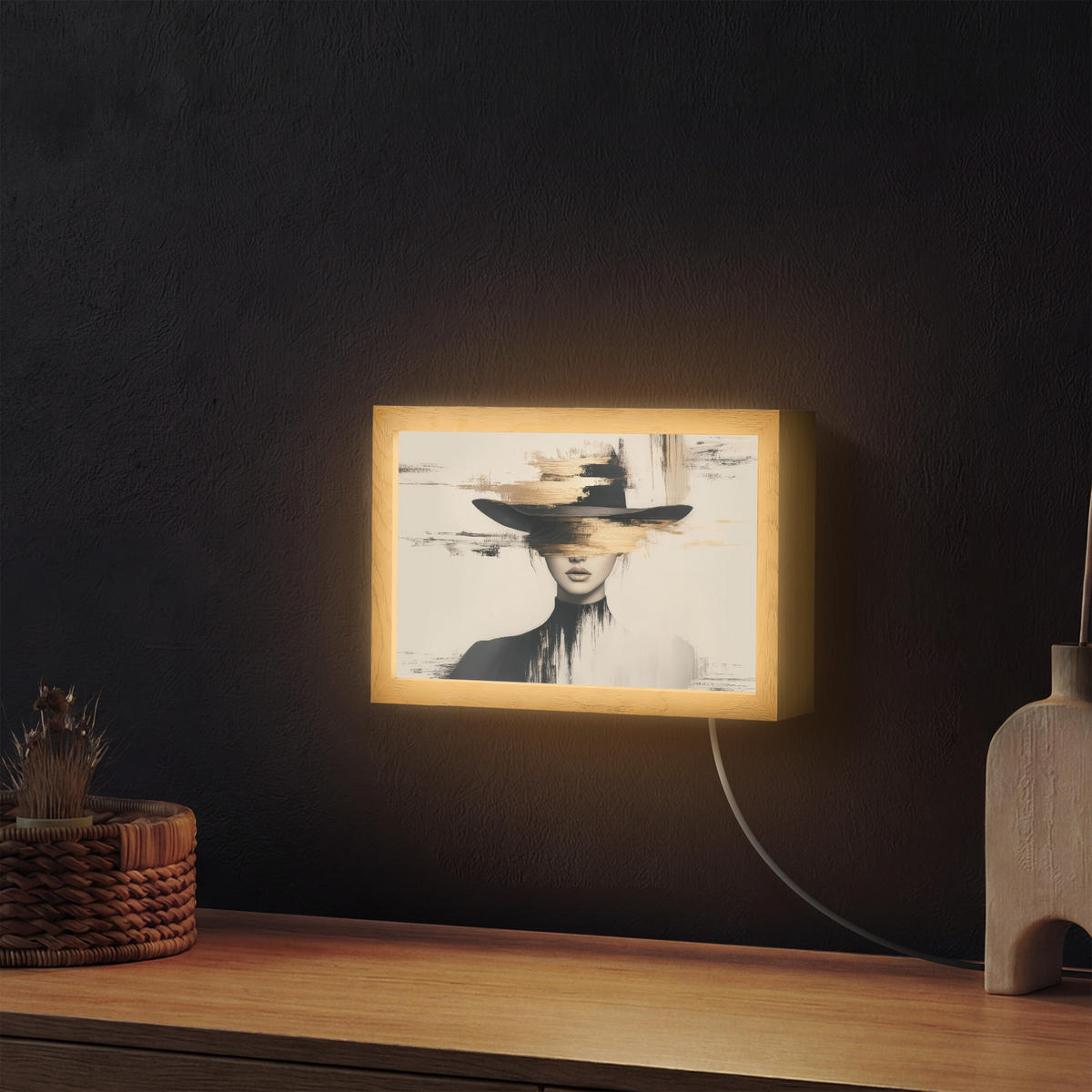 NÁSTĚNNÁ LAMPA Žena - klobouk - barva 30x20 cm - krémová, kompozitní dřevo (30/20/8cm) - OnlyWow