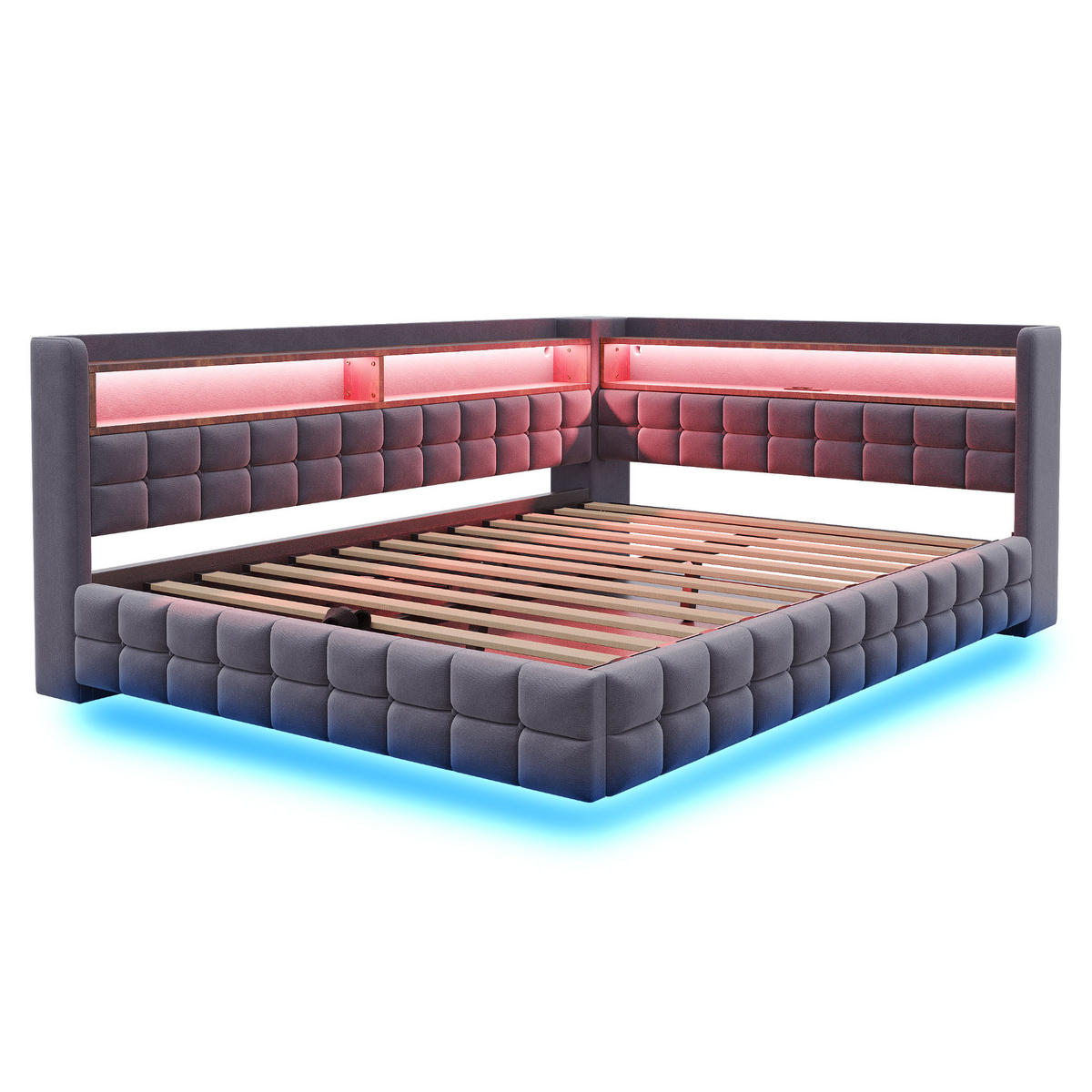 SCHLAFSOFA 140/200 cm in Grau mit Bettkasten, LED, USB & Type-C - Grau, Holzwerkstoff/Textil (140/200cm) - CHICFURN