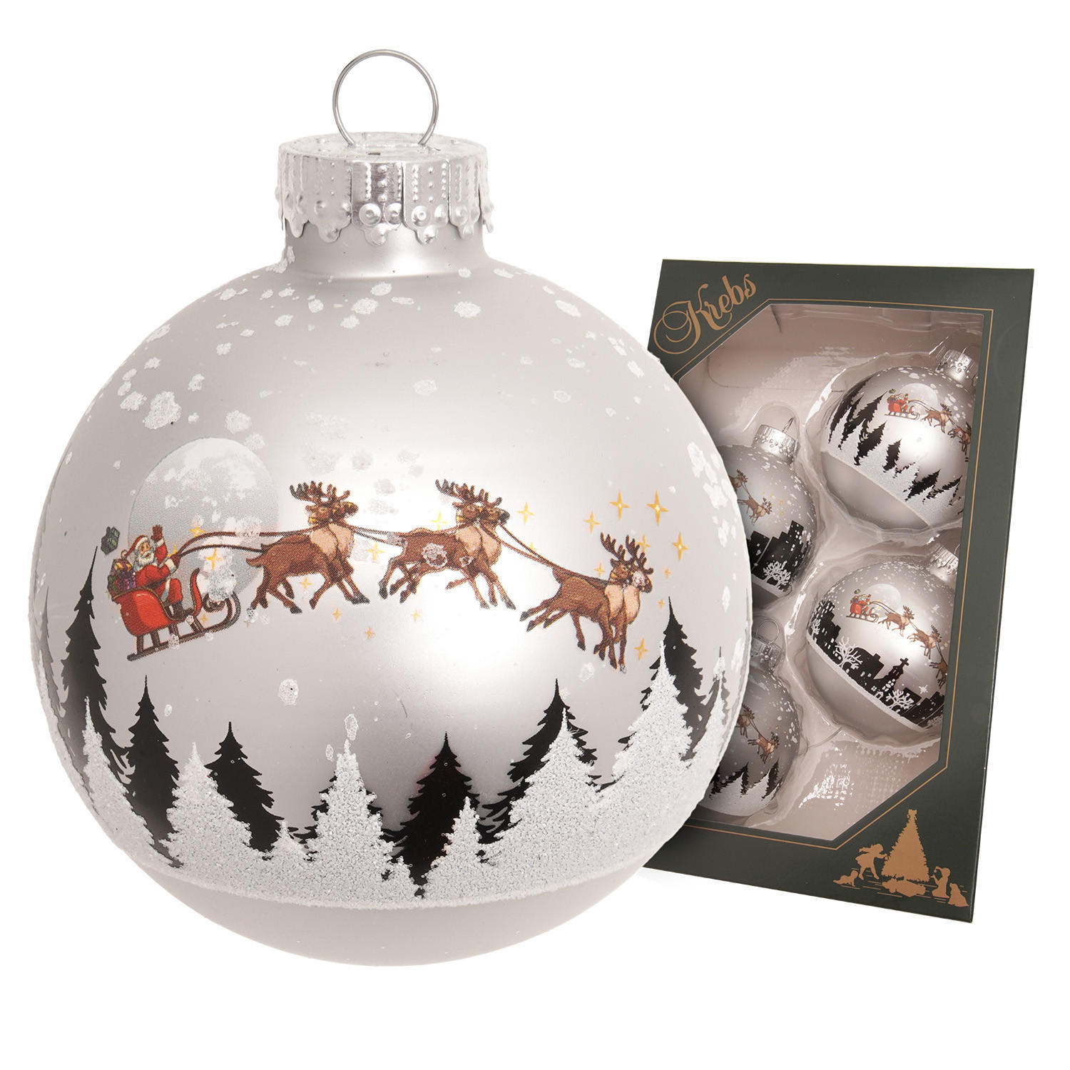 CHRISTBAUMKUGELN Santa mit Rentieren Silberfarbig 7cm (Glas / 4 Stk.) - Silberfarben, Glas (7/7/7cm) - Krebs Glas Lauscha
