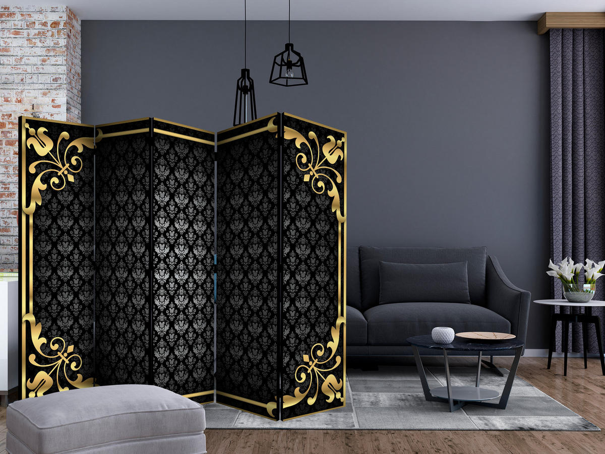 PARAVENT Einseitig Bedruckter 5-tlg 225x172 cm Ornamente Glamour - Schwarz, Holz/Textil (225/172/3cm) - Muralo