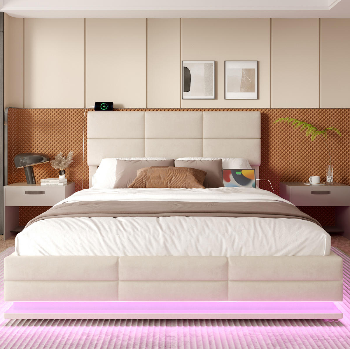 POLSTERBETT 140/200 cm aus Samt mit LED-Beleuchtung, USB-Anschlüssen und Stauraum Beige - Beige, Textil (140/200cm) - Modenvie