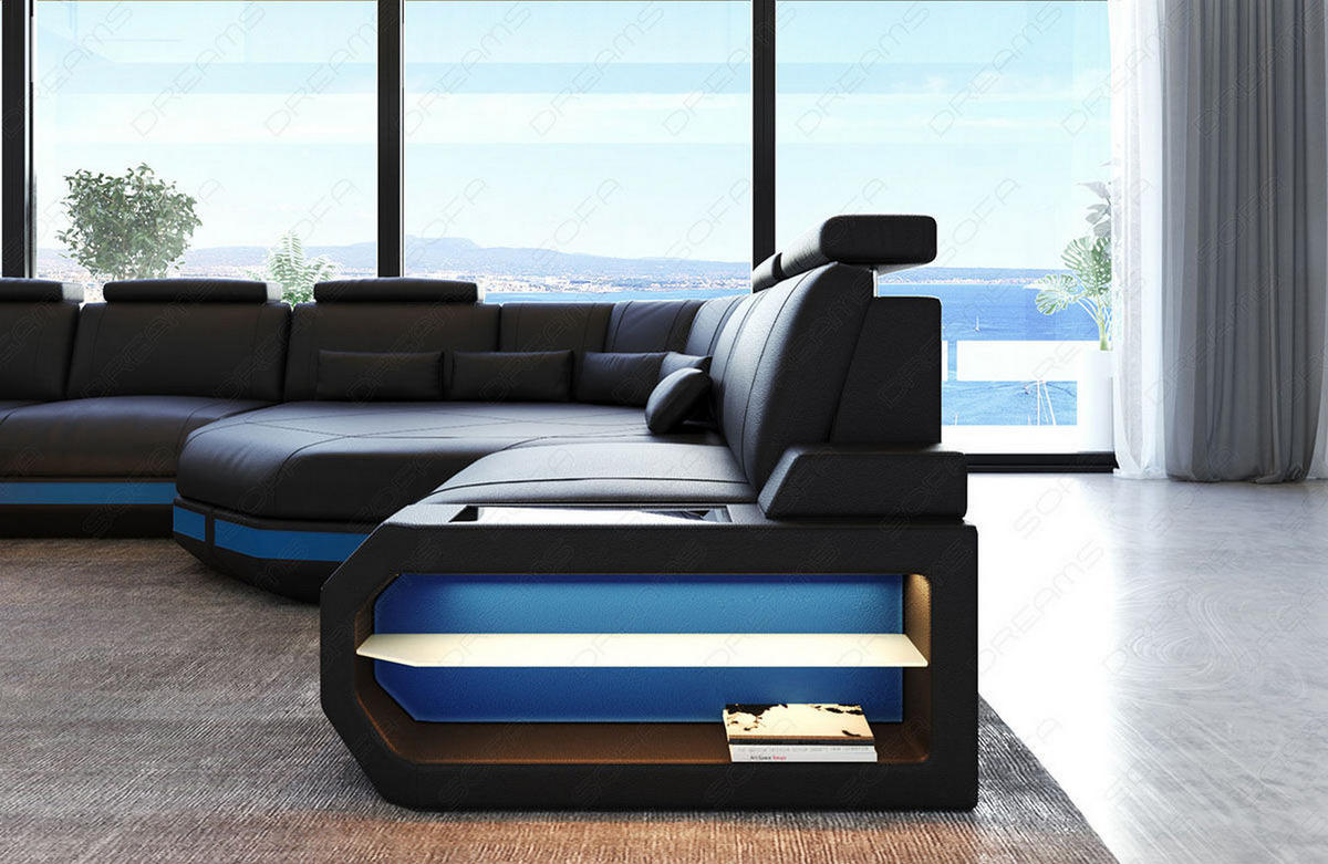 WOHNLANDSCHAFT Asti U Mini - Blau/Schwarz, Leder (352/93/280cm) - Sofa Dreams