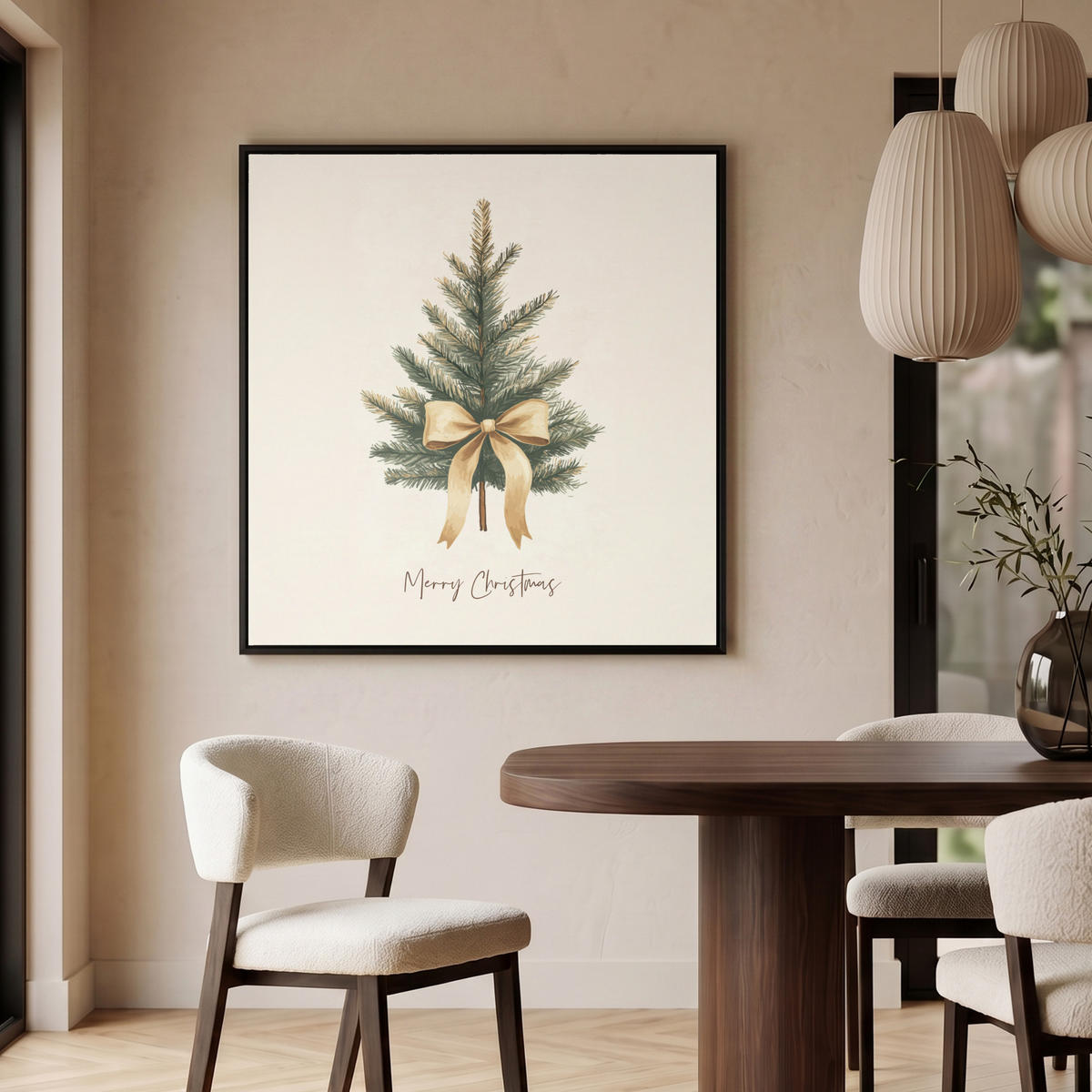 LEINWAND Bilder mit Rahmen - Weihnachtsbaum - Weihnachten - Frohe Weihnachten - Beige - 90x90 - Sandfarben, Textil (90/90cm) - MuchoWow