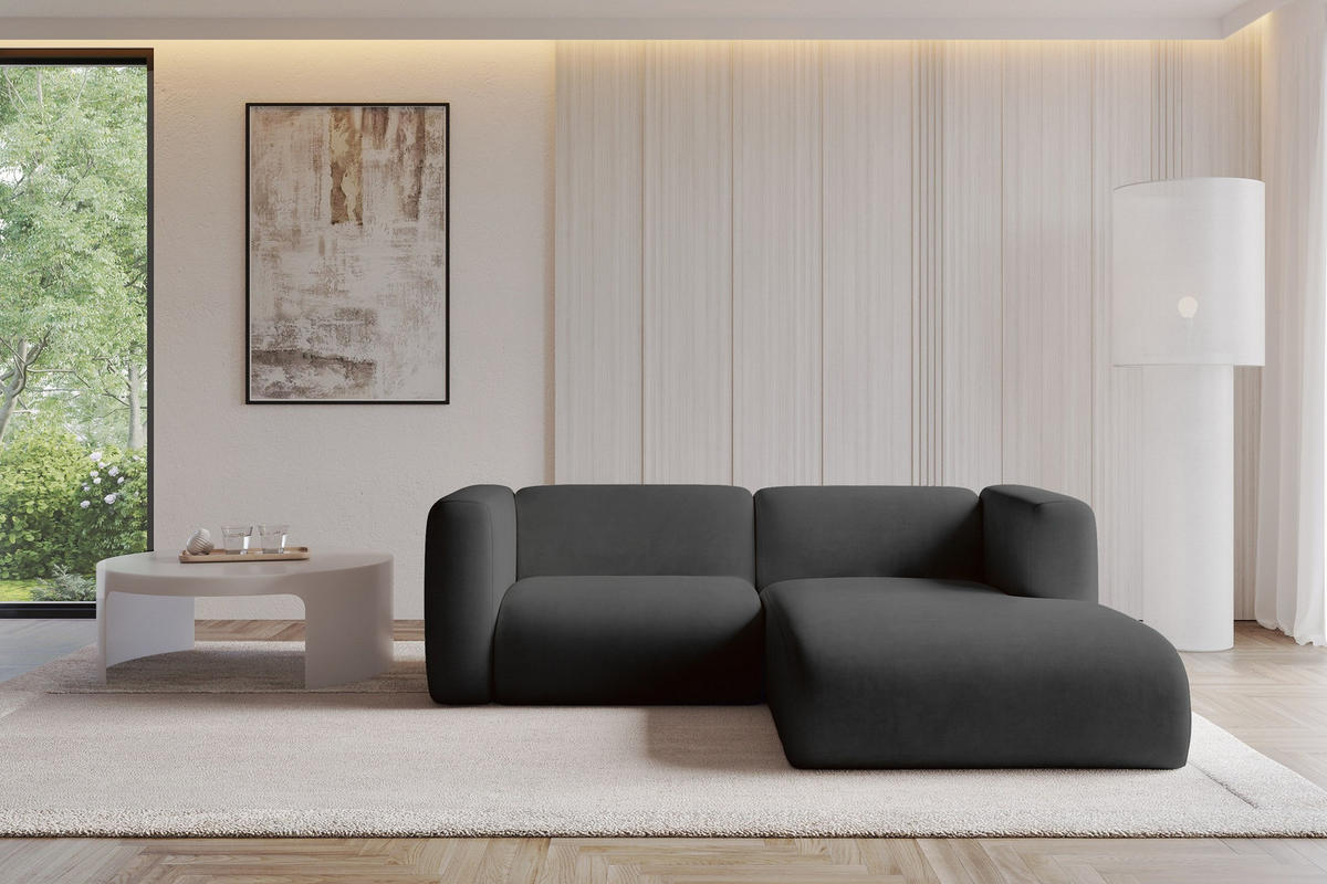 ECKSOFA Ottomane Rechts MIRA-L1 227x179x89 Schwarz Velours - Anthrazit/Schwarz, Holzwerkstoff/Kunststoff (227/179cm) - ALTDECOR