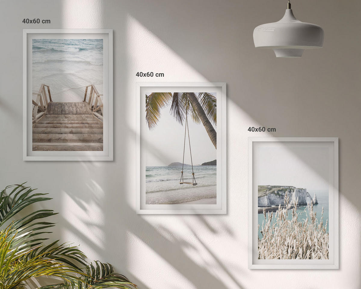 WANDBILDER 3er-Set - 40x60 cm Weißer Rahmen - Strandtreppe aus Holz, Schaukel - Weiß, Kunststoff (40/60cm) - ArtPrintCave