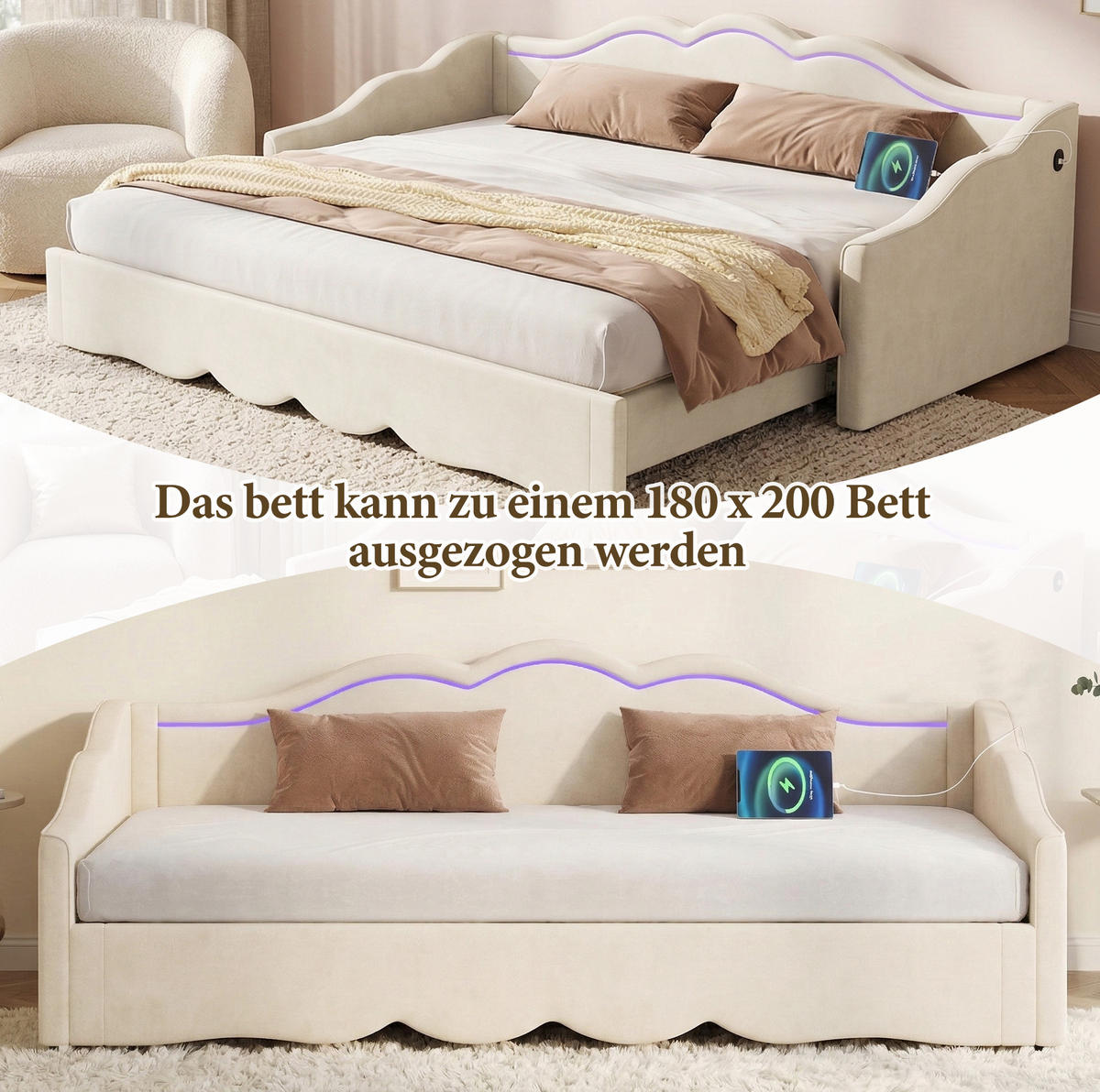 ROZKLADACIA posteľ 90/200 cm béžová zo zamatu s LED osvetlením a USB/Type-C - béžová, textil (90/200cm) - OKWISH