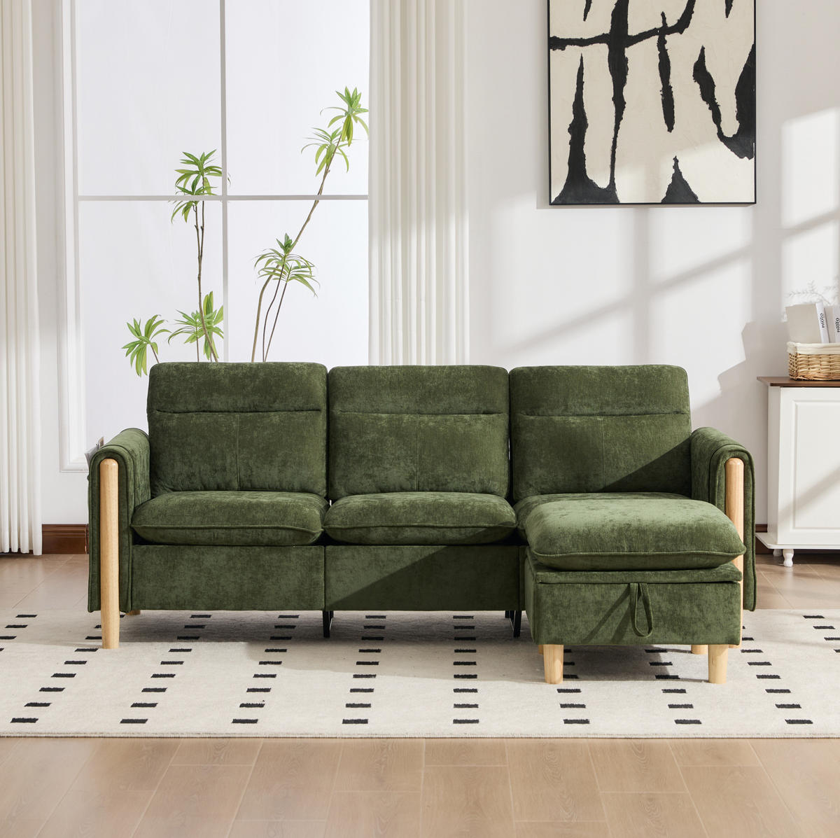 SOFA L-Form mit Stauraumhocker 201 cm Grün - Grün, Holz (77/201cm) - Meubliv