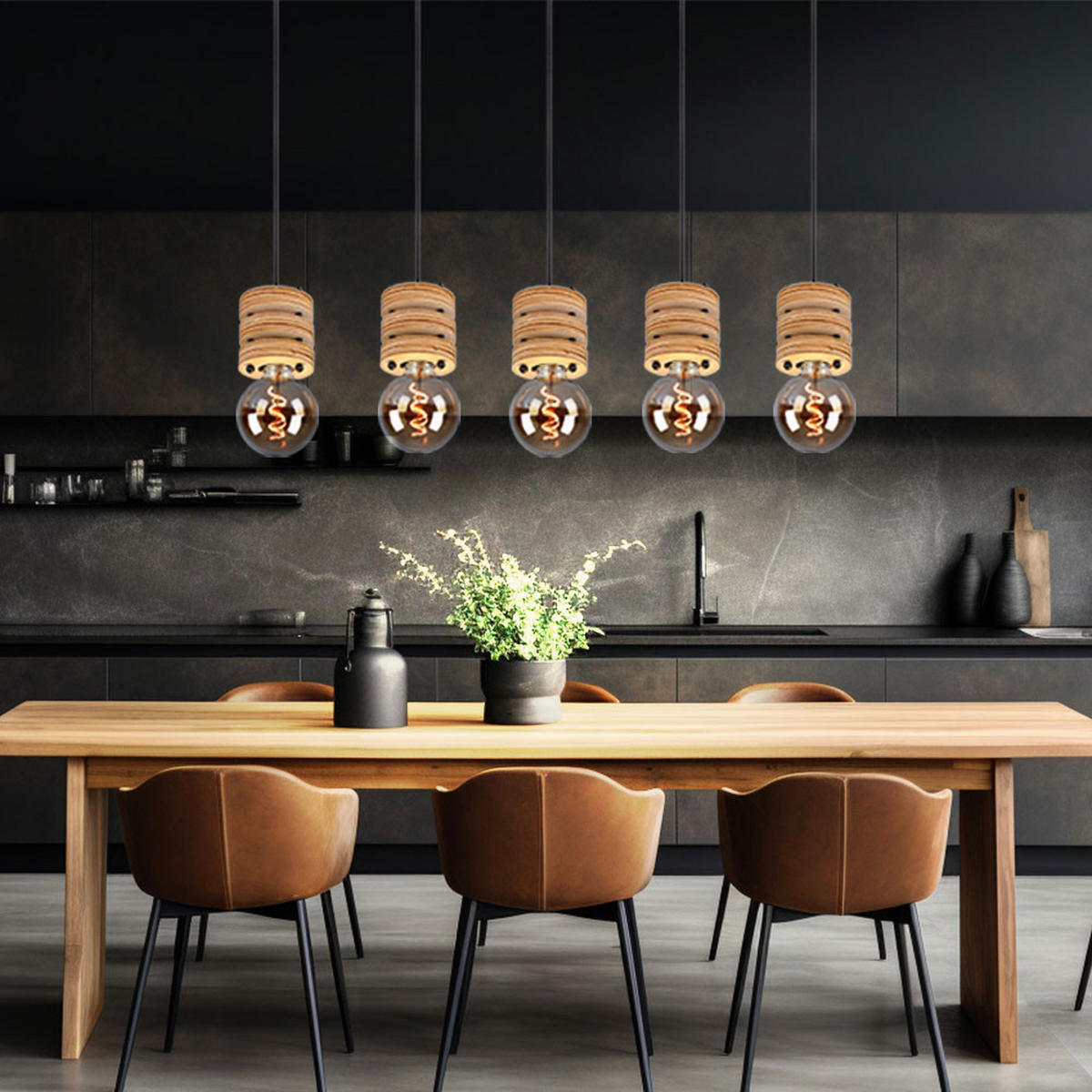 HÄNGELEUCHTE ANGELINE Metall Schwarz Holzoptik - Schwarz, Metall (116/10/120cm) - Globo Lighting