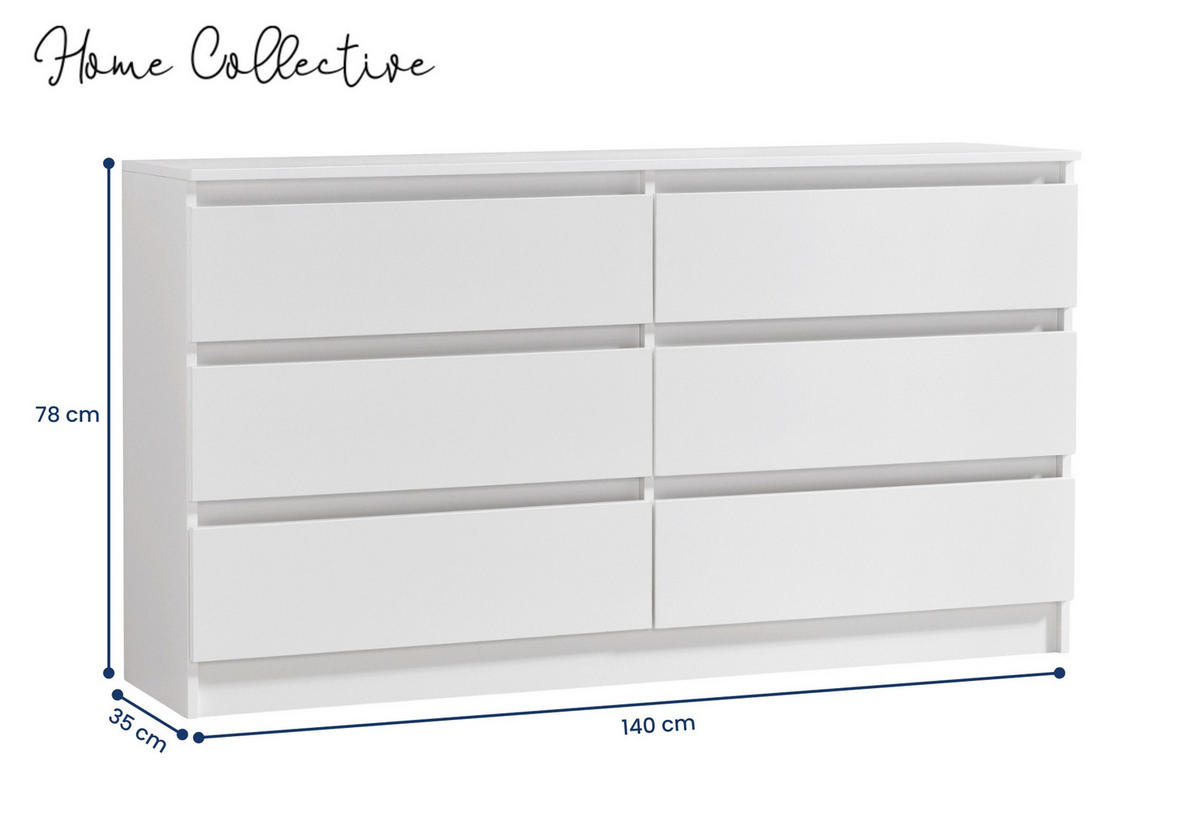 KOMMODE mit 6 Schubladen 140cm breit in weiß - Weiß, Holz (35/77.5/140cm) - Home Collective