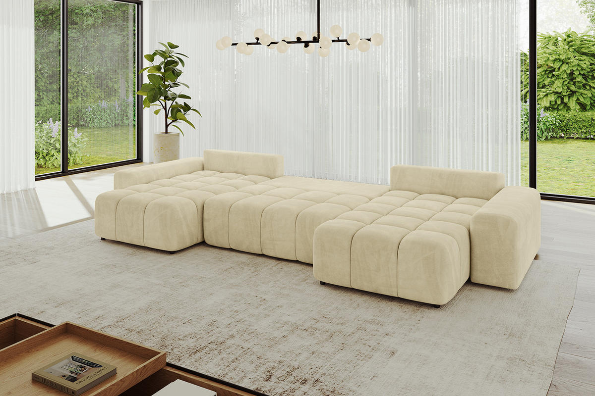 WOHNLANDSCHAFT ENIL-U 390x175x84 Beige Velours - Beige, Holzwerkstoff/Kunststoff (390/84/175cm) - ALTDECOR
